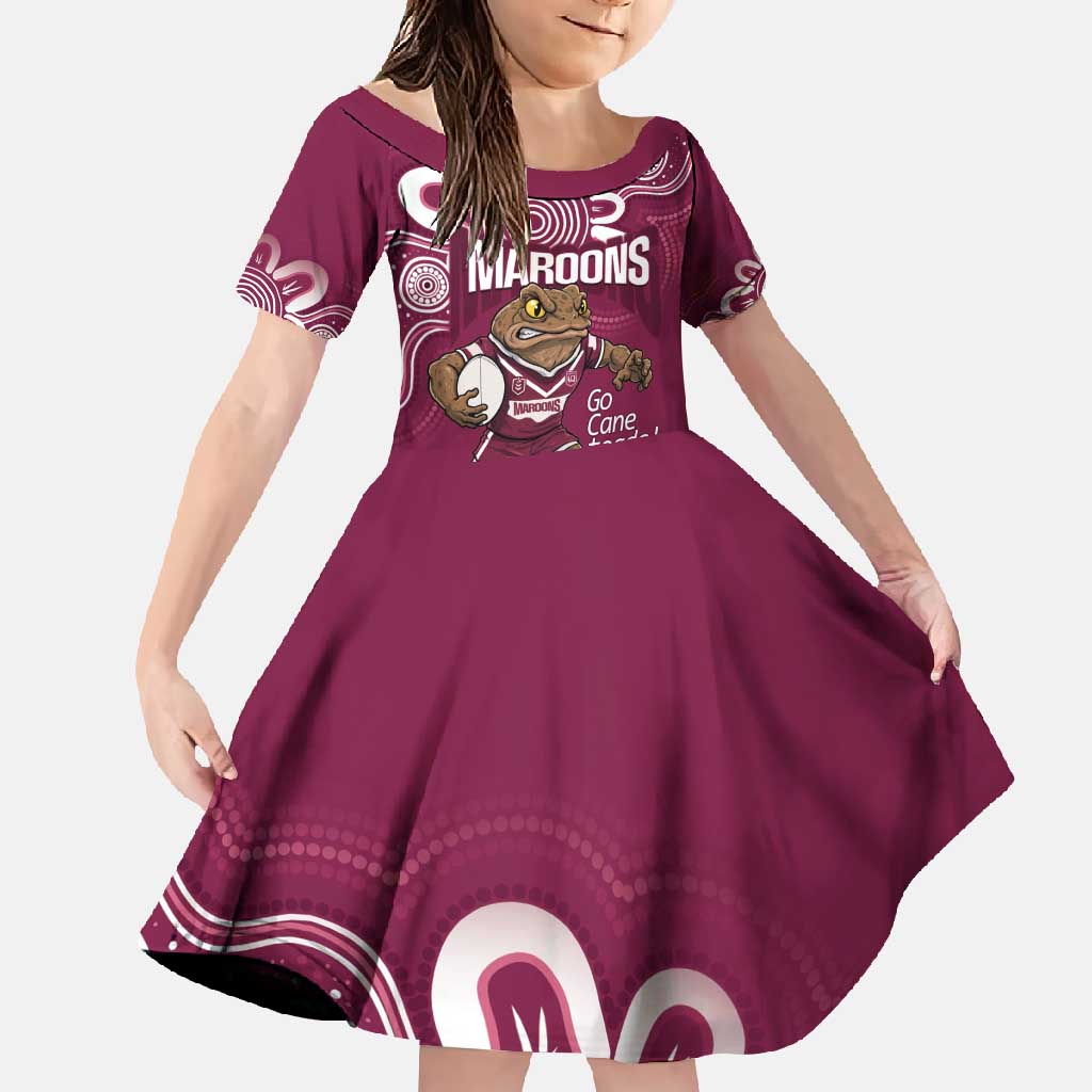 QLD Maroons Rugby Custom Family Matching Off Shoulder Maxi Dress and Hawaiian Shirt Go Cane toads Aboriginal Art