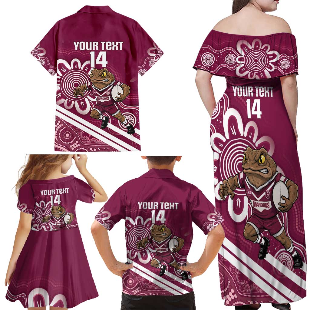 QLD Maroons Rugby Custom Family Matching Off Shoulder Maxi Dress and Hawaiian Shirt Go Cane toads Aboriginal Art