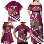 QLD Maroons Rugby Custom Family Matching Off Shoulder Maxi Dress and Hawaiian Shirt Go Cane toads Aboriginal Art
