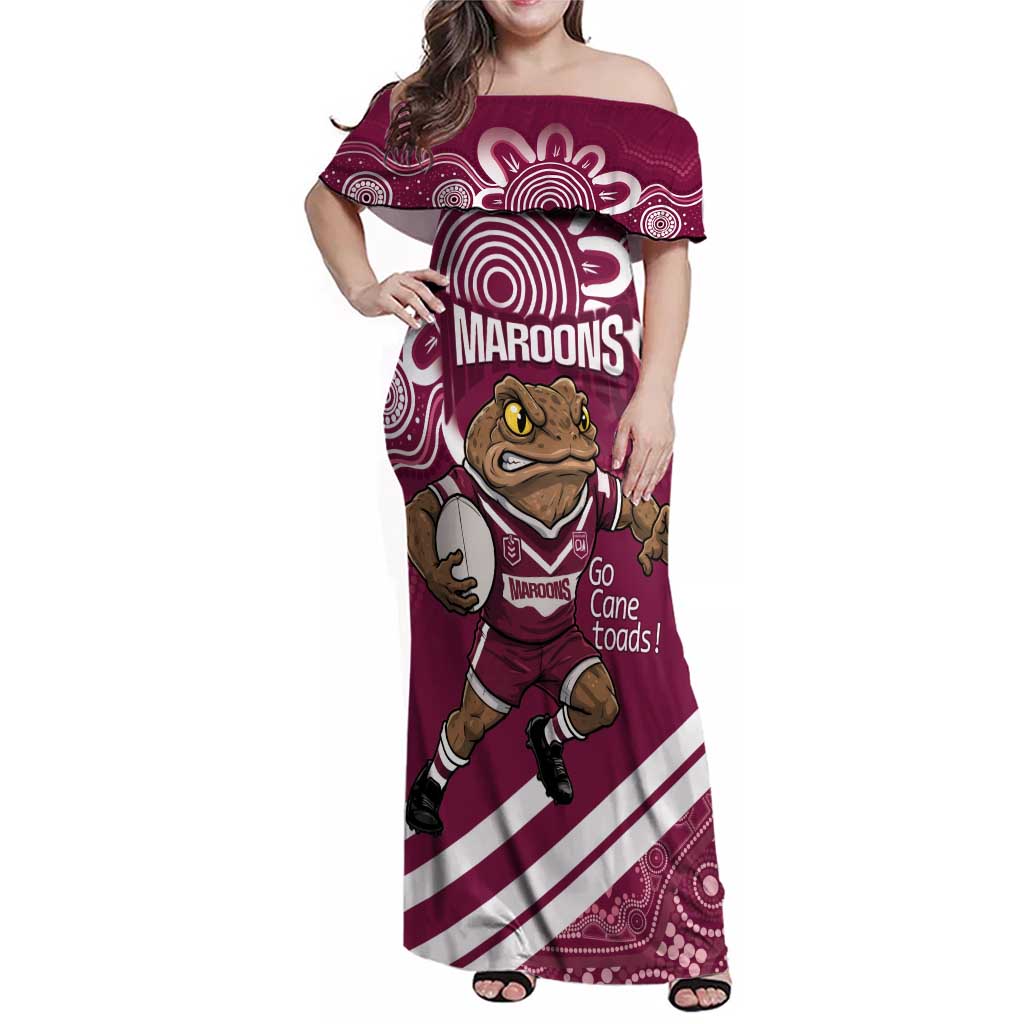 QLD Maroons Rugby Custom Family Matching Off Shoulder Maxi Dress and Hawaiian Shirt Go Cane toads Aboriginal Art