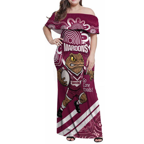 QLD Maroons Rugby Custom Family Matching Off Shoulder Maxi Dress and Hawaiian Shirt Go Cane toads Aboriginal Art