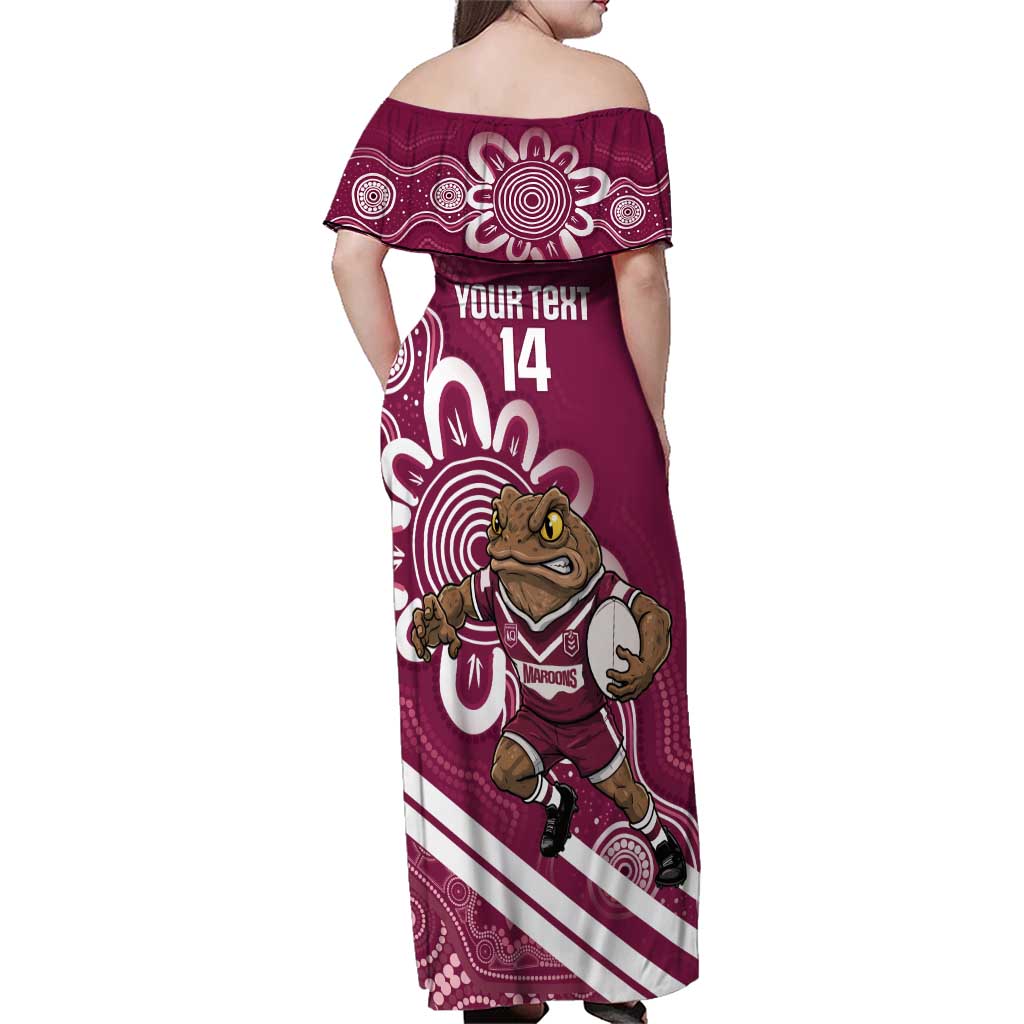 QLD Maroons Rugby Custom Family Matching Off Shoulder Maxi Dress and Hawaiian Shirt Go Cane toads Aboriginal Art