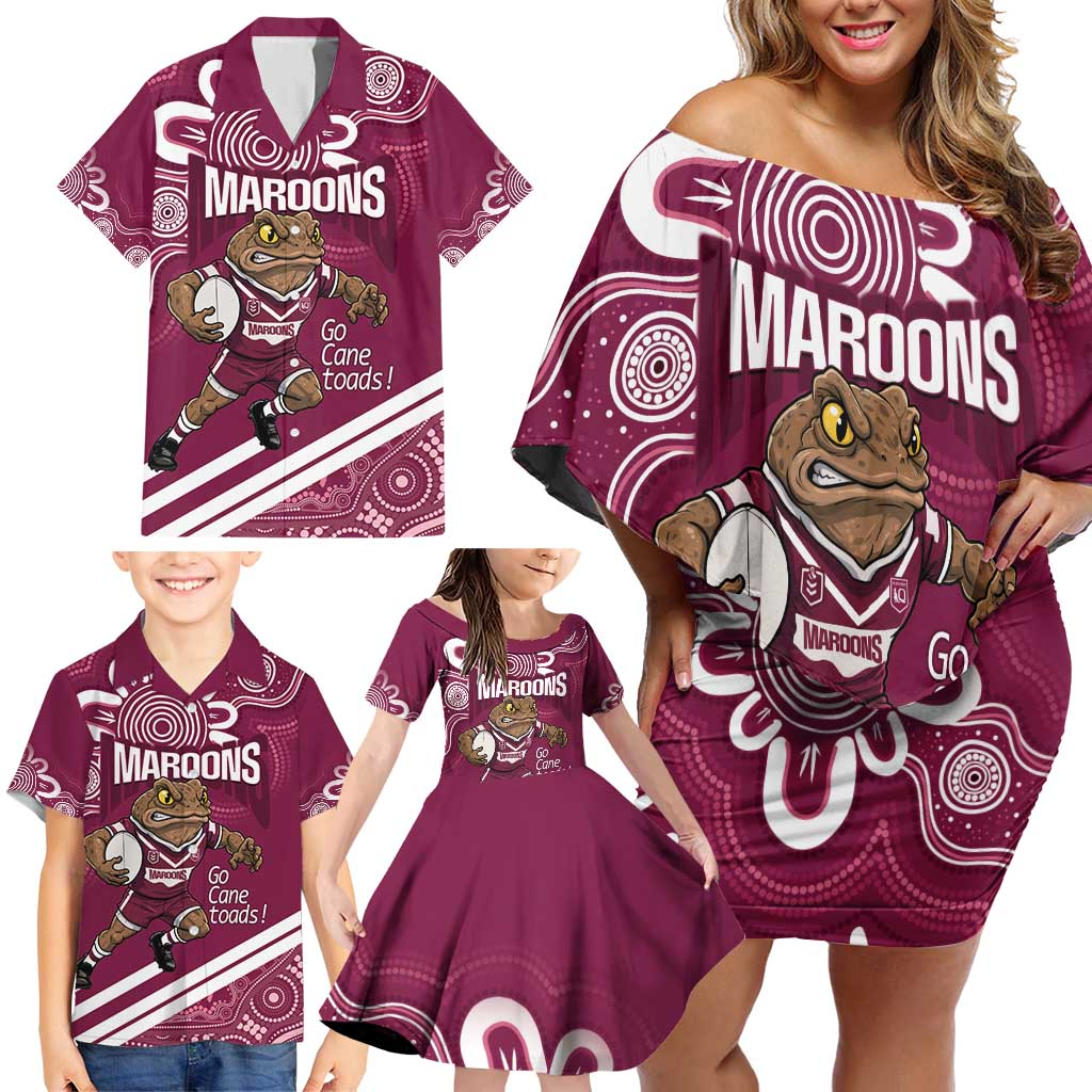 QLD Maroons Rugby Custom Family Matching Off Shoulder Short Dress and Hawaiian Shirt Go Cane toads Aboriginal Art