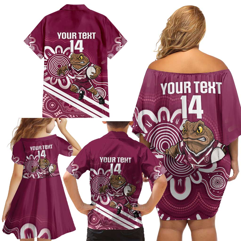 QLD Maroons Rugby Custom Family Matching Off Shoulder Short Dress and Hawaiian Shirt Go Cane toads Aboriginal Art