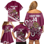 QLD Maroons Rugby Custom Family Matching Off Shoulder Short Dress and Hawaiian Shirt Go Cane toads Aboriginal Art