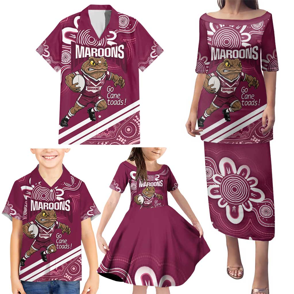 QLD Maroons Rugby Custom Family Matching Puletasi and Hawaiian Shirt Go Cane toads Aboriginal Art