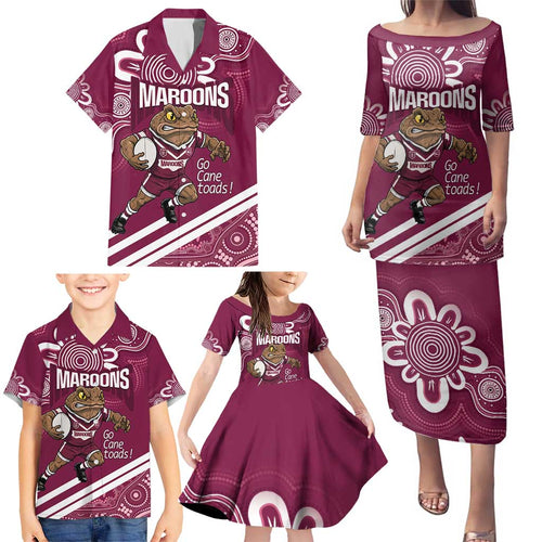 QLD Maroons Rugby Custom Family Matching Puletasi and Hawaiian Shirt Go Cane toads Aboriginal Art
