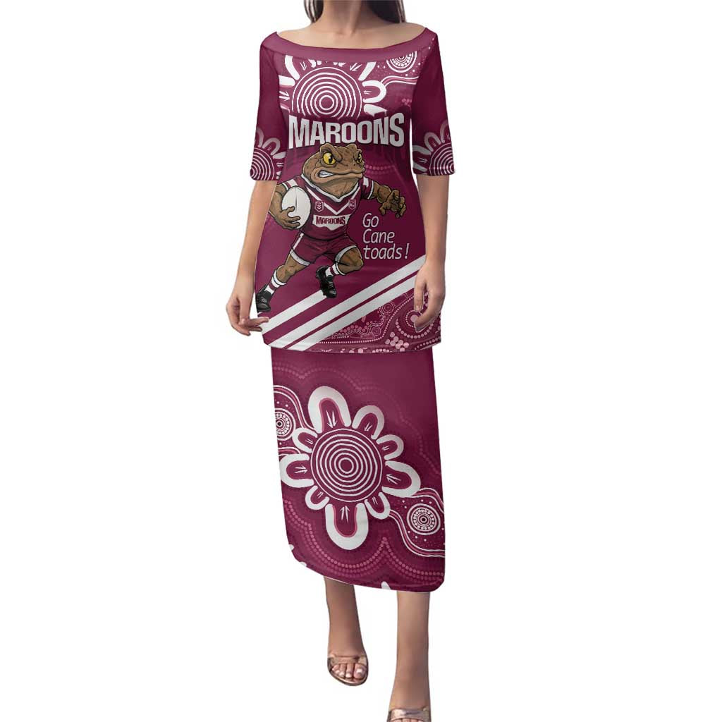 QLD Maroons Rugby Custom Family Matching Puletasi and Hawaiian Shirt Go Cane toads Aboriginal Art