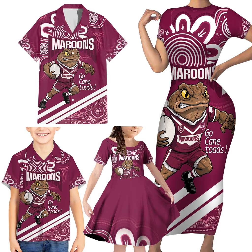 QLD Maroons Rugby Custom Family Matching Short Sleeve Bodycon Dress and Hawaiian Shirt Go Cane toads Aboriginal Art