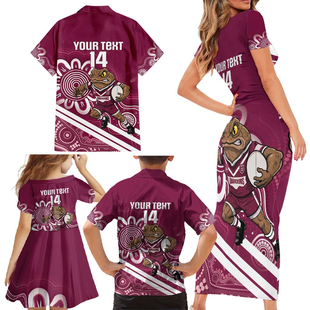QLD Maroons Rugby Custom Family Matching Short Sleeve Bodycon Dress and Hawaiian Shirt Go Cane toads Aboriginal Art