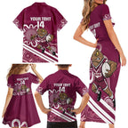 QLD Maroons Rugby Custom Family Matching Short Sleeve Bodycon Dress and Hawaiian Shirt Go Cane toads Aboriginal Art