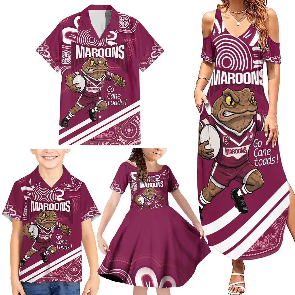 QLD Maroons Rugby Custom Family Matching Summer Maxi Dress and Hawaiian Shirt Go Cane toads Aboriginal Art