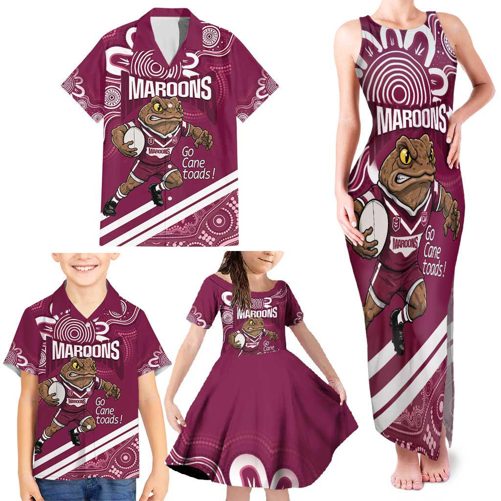 QLD Maroons Rugby Custom Family Matching Tank Maxi Dress and Hawaiian Shirt Go Cane toads Aboriginal Art