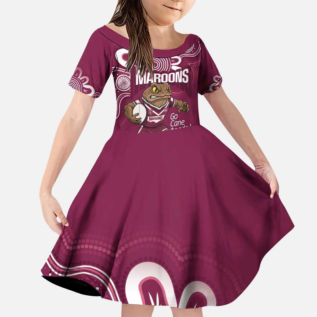 QLD Maroons Rugby Custom Kid Short Sleeve Dress Go Cane toads Aboriginal Art