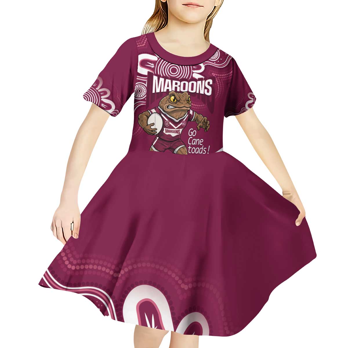 QLD Maroons Rugby Custom Kid Short Sleeve Dress Go Cane toads Aboriginal Art