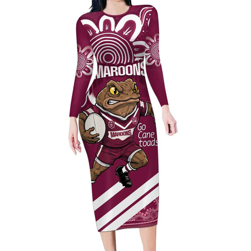 QLD Maroons Rugby Custom Long Sleeve Bodycon Dress Go Cane toads Aboriginal Art
