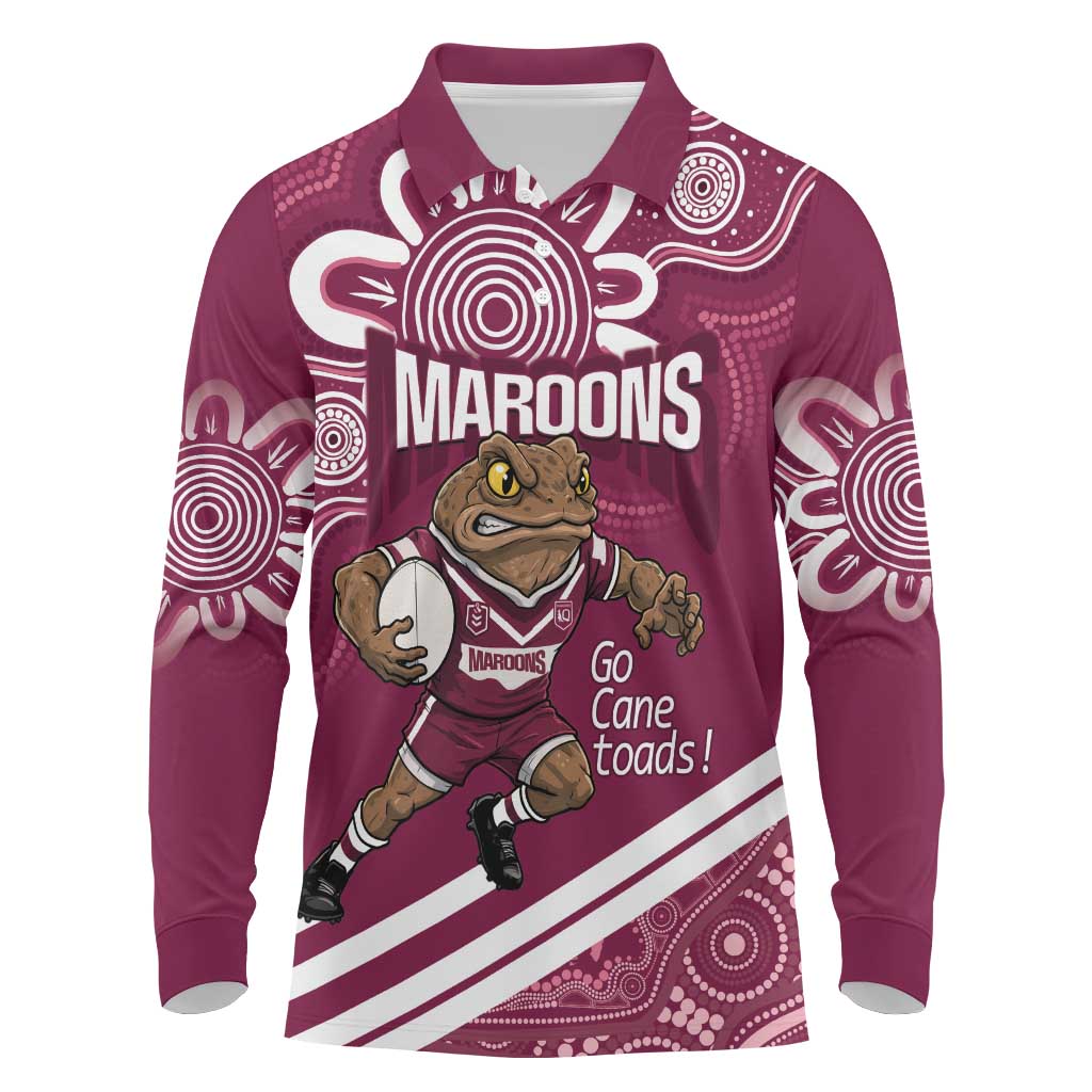 QLD Maroons Rugby Custom Long Sleeve Polo Shirt Go Cane toads Aboriginal Art