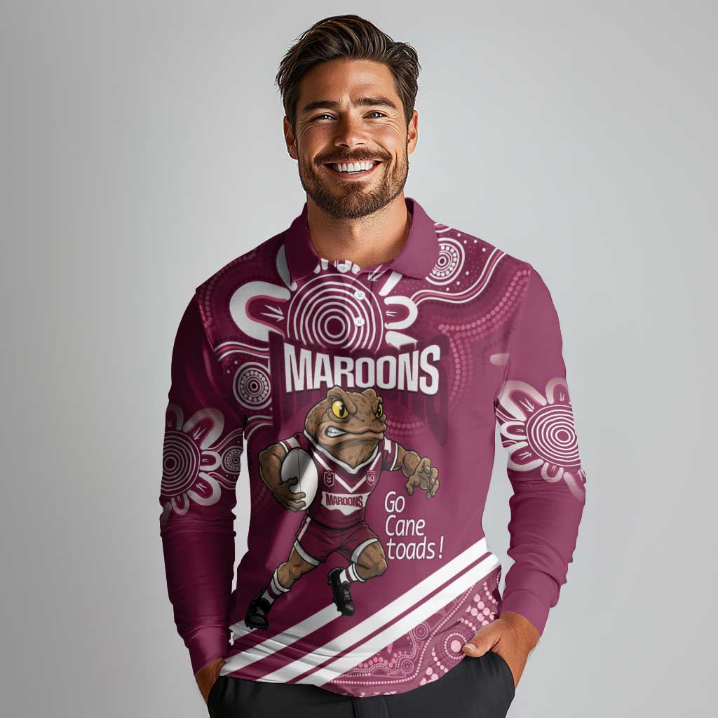QLD Maroons Rugby Custom Long Sleeve Polo Shirt Go Cane toads Aboriginal Art