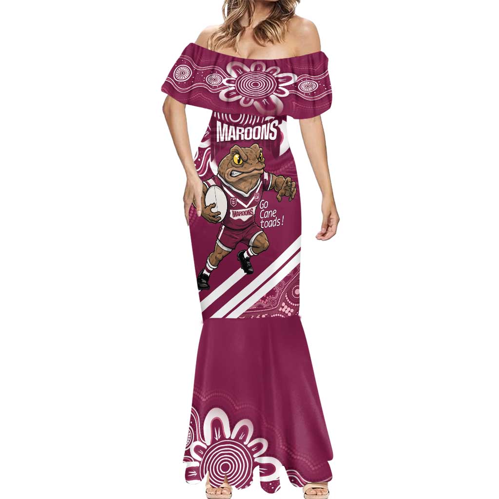 QLD Maroons Rugby Custom Mermaid Dress Go Cane toads Aboriginal Art