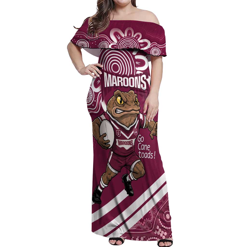 QLD Maroons Rugby Custom Off Shoulder Maxi Dress Go Cane toads Aboriginal Art