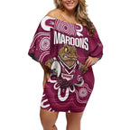 QLD Maroons Rugby Custom Off Shoulder Short Dress Go Cane toads Aboriginal Art