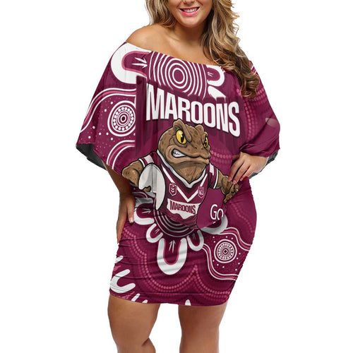 QLD Maroons Rugby Custom Off Shoulder Short Dress Go Cane toads Aboriginal Art