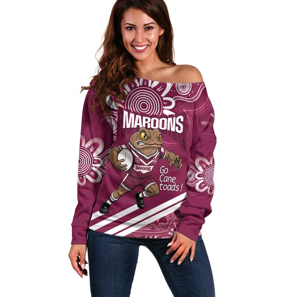 QLD Maroons Rugby Custom Off Shoulder Sweater Go Cane toads Aboriginal Art