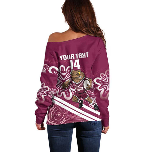 QLD Maroons Rugby Custom Off Shoulder Sweater Go Cane toads Aboriginal Art