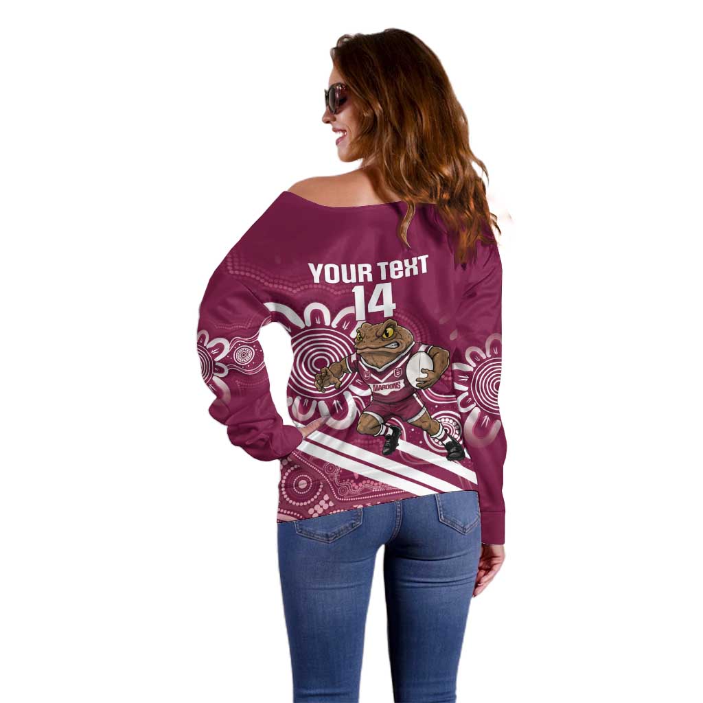 QLD Maroons Rugby Custom Off Shoulder Sweater Go Cane toads Aboriginal Art