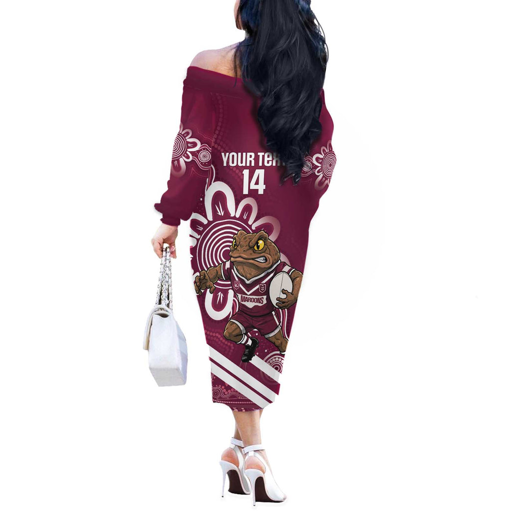 QLD Maroons Rugby Custom Off The Shoulder Long Sleeve Dress Go Cane toads Aboriginal Art