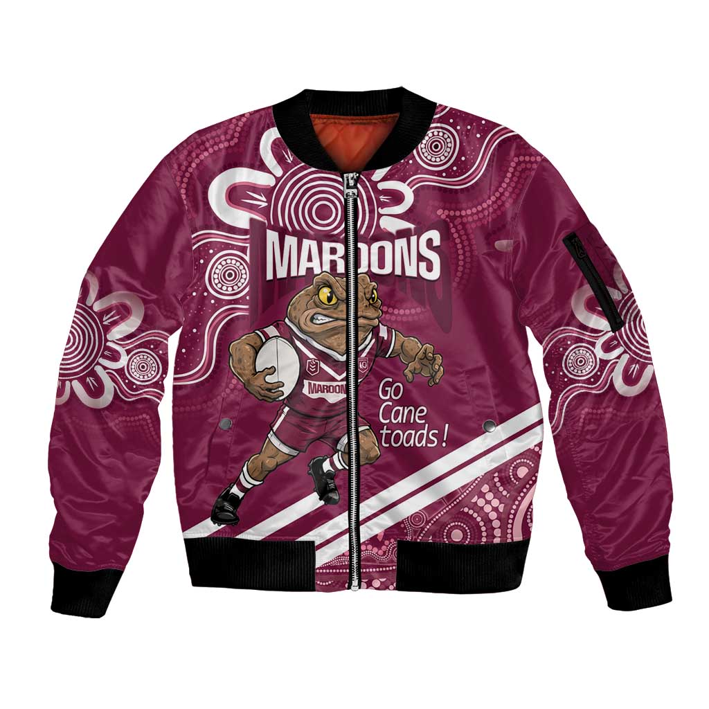 QLD Maroons Rugby Custom Sleeve Zip Bomber Jacket Go Cane toads Aboriginal Art