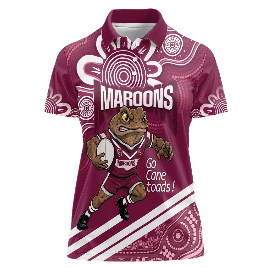 QLD Maroons Rugby Custom Women Polo Shirt Go Cane toads Aboriginal Art