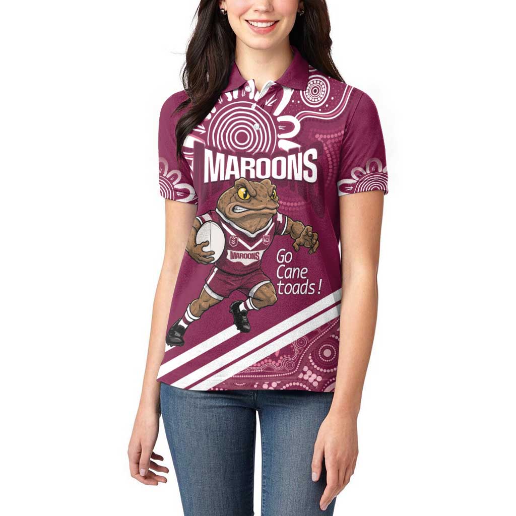 QLD Maroons Rugby Custom Women Polo Shirt Go Cane toads Aboriginal Art
