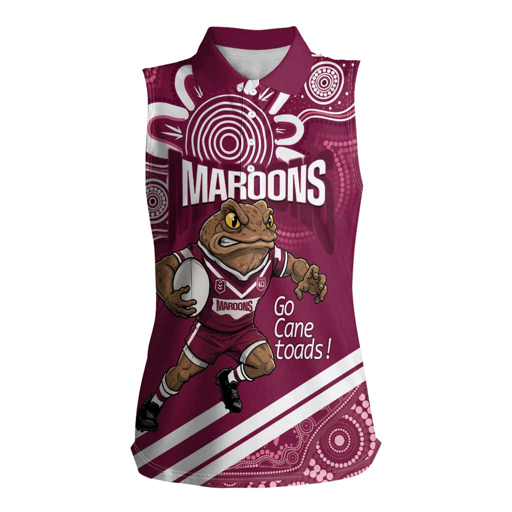 QLD Maroons Rugby Custom Women Sleeveless Polo Shirt Go Cane toads Aboriginal Art