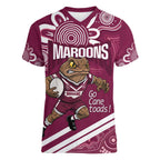 QLD Maroons Rugby Custom Women V-Neck T-Shirt Go Cane toads Aboriginal Art