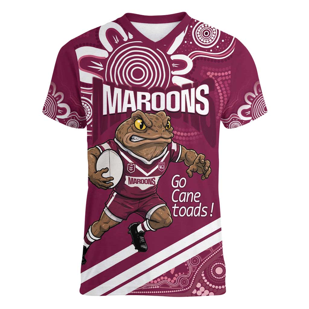 QLD Maroons Rugby Custom Women V-Neck T-Shirt Go Cane toads Aboriginal Art