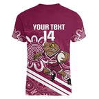 QLD Maroons Rugby Custom Women V-Neck T-Shirt Go Cane toads Aboriginal Art