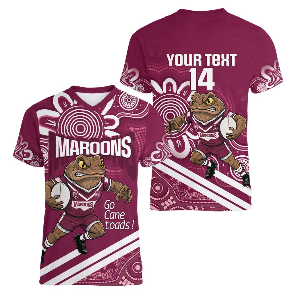 QLD Maroons Rugby Custom Women V-Neck T-Shirt Go Cane toads Aboriginal Art