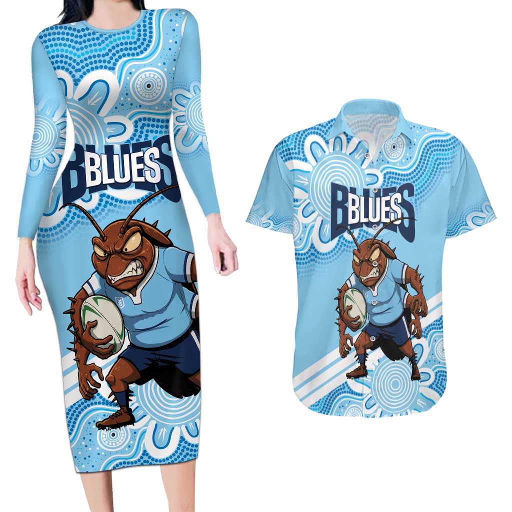 NSW Blues Rugby Custom Couples Matching Long Sleeve Bodycon Dress and Hawaiian Shirt Go Cockroaches Aboriginal Art