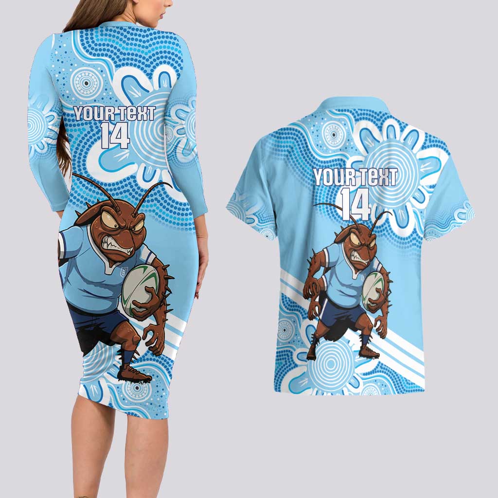 NSW Blues Rugby Custom Couples Matching Long Sleeve Bodycon Dress and Hawaiian Shirt Go Cockroaches Aboriginal Art