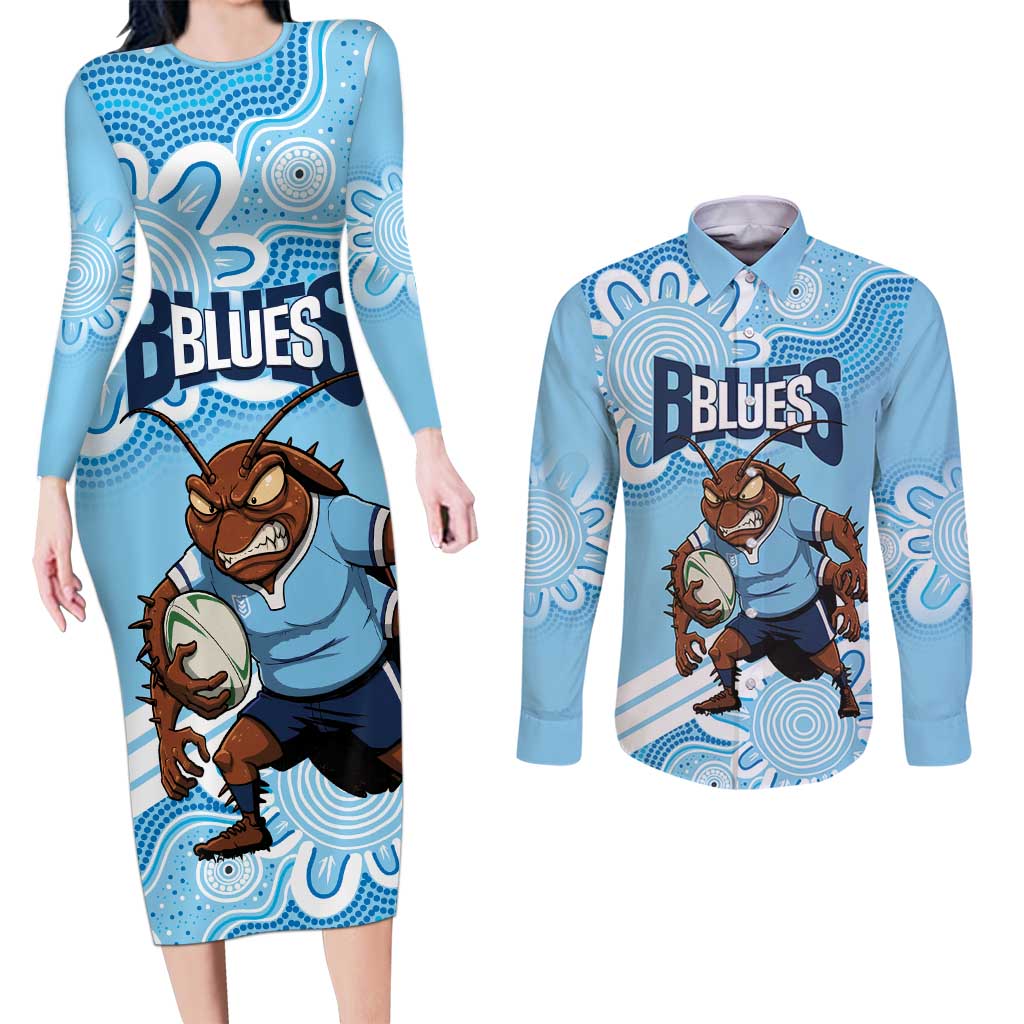 NSW Blues Rugby Custom Couples Matching Long Sleeve Bodycon Dress and Long Sleeve Button Shirt Go Cockroaches Aboriginal Art