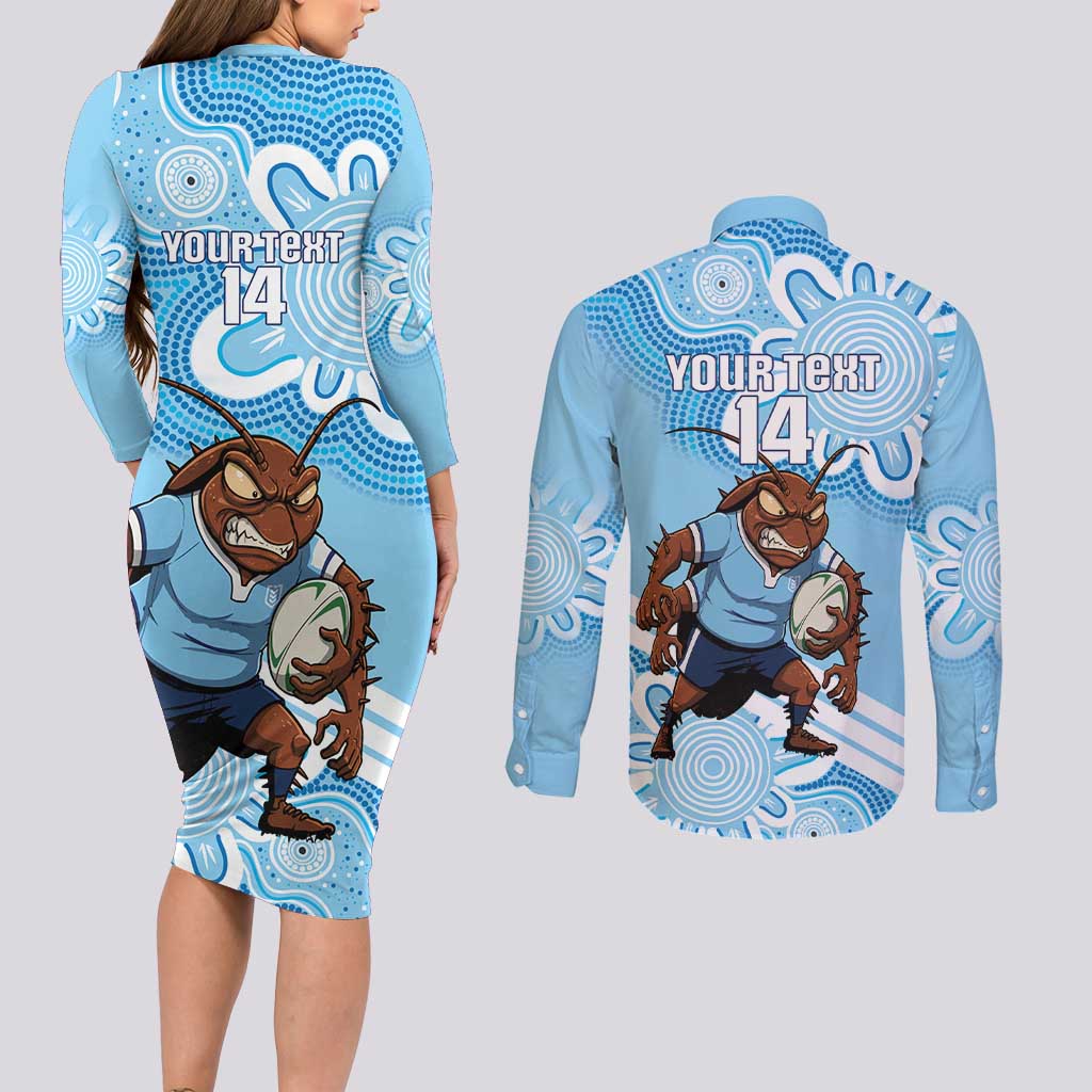 NSW Blues Rugby Custom Couples Matching Long Sleeve Bodycon Dress and Long Sleeve Button Shirt Go Cockroaches Aboriginal Art