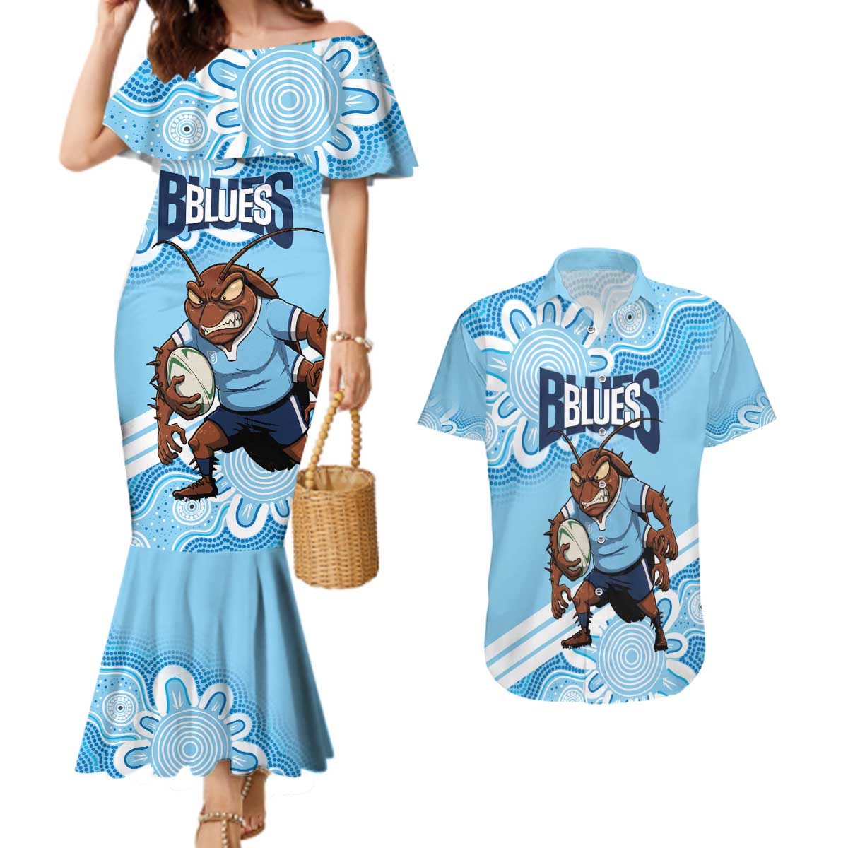 NSW Blues Rugby Custom Couples Matching Mermaid Dress and Hawaiian Shirt Go Cockroaches Aboriginal Art