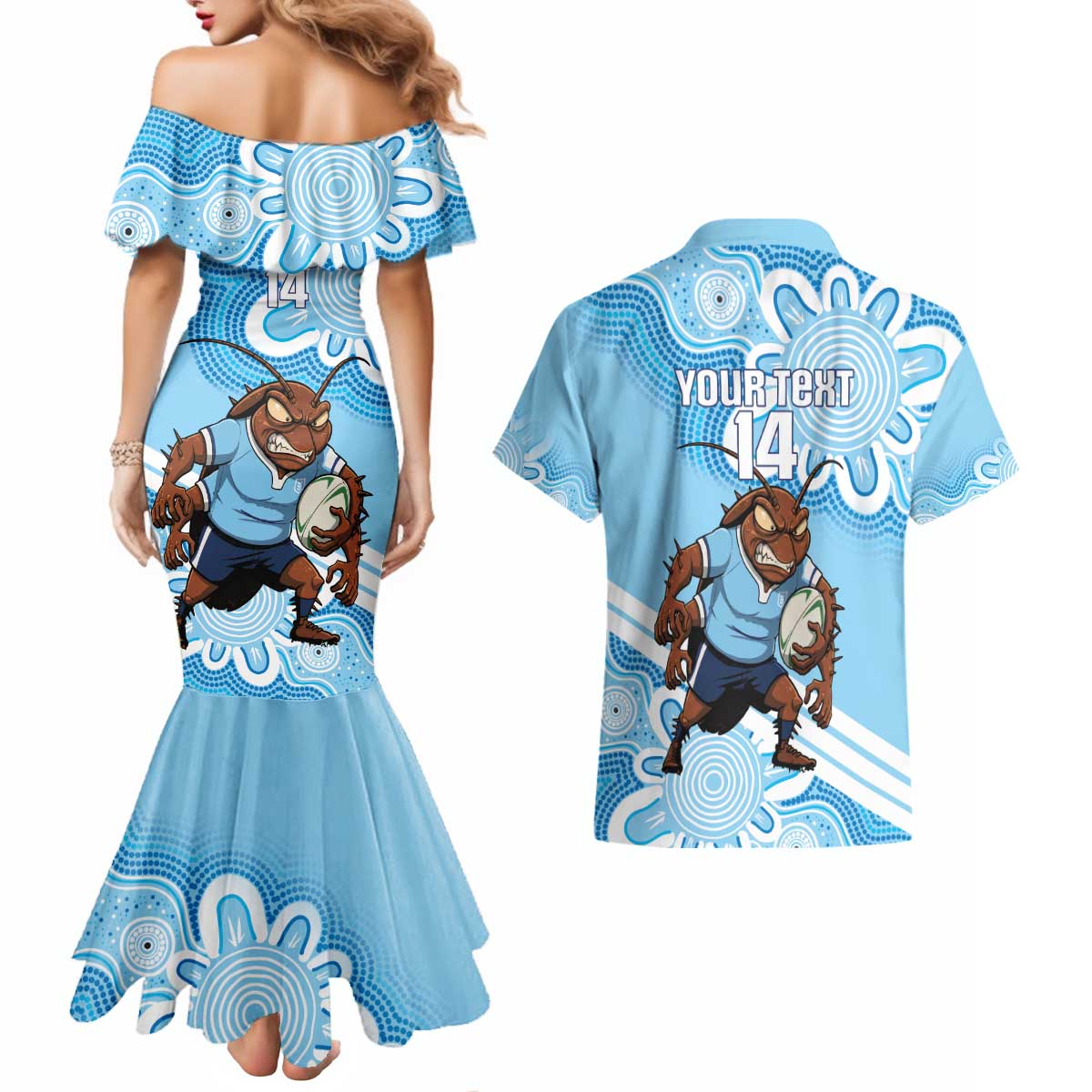 NSW Blues Rugby Custom Couples Matching Mermaid Dress and Hawaiian Shirt Go Cockroaches Aboriginal Art