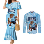 NSW Blues Rugby Custom Couples Matching Mermaid Dress and Long Sleeve Button Shirt Go Cockroaches Aboriginal Art