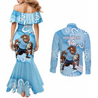 NSW Blues Rugby Custom Couples Matching Mermaid Dress and Long Sleeve Button Shirt Go Cockroaches Aboriginal Art