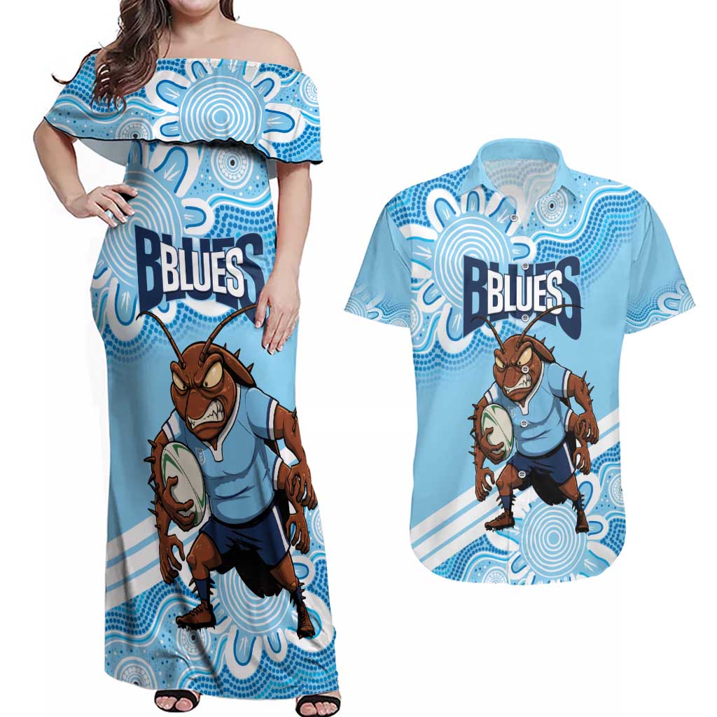 NSW Blues Rugby Custom Couples Matching Off Shoulder Maxi Dress and Hawaiian Shirt Go Cockroaches Aboriginal Art