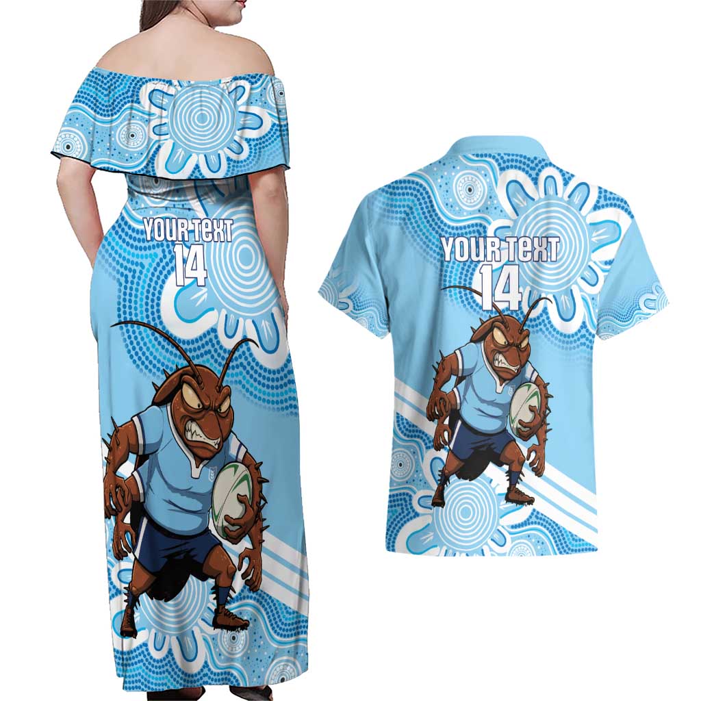 NSW Blues Rugby Custom Couples Matching Off Shoulder Maxi Dress and Hawaiian Shirt Go Cockroaches Aboriginal Art