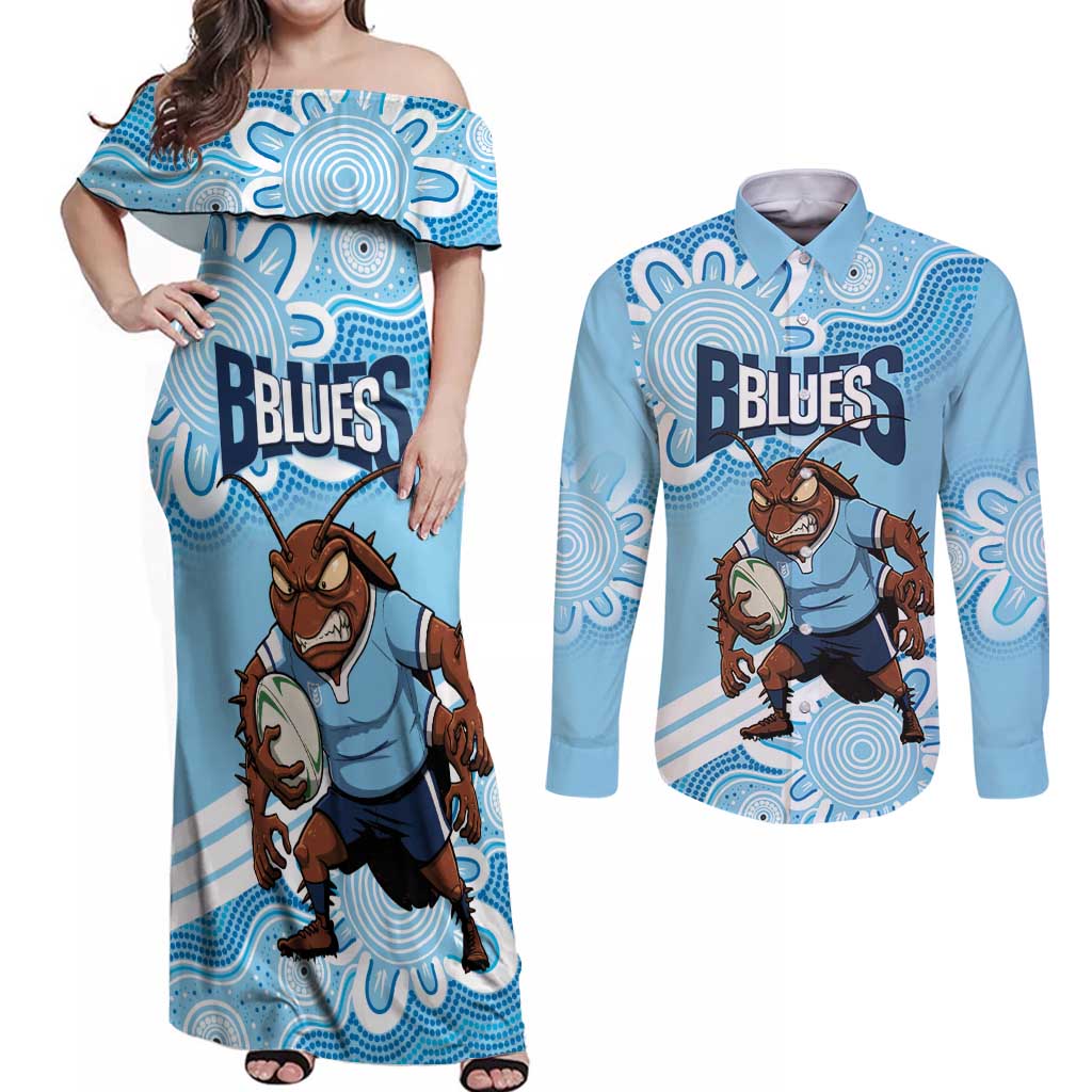 NSW Blues Rugby Custom Couples Matching Off Shoulder Maxi Dress and Long Sleeve Button Shirt Go Cockroaches Aboriginal Art