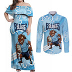 NSW Blues Rugby Custom Couples Matching Off Shoulder Maxi Dress and Long Sleeve Button Shirt Go Cockroaches Aboriginal Art